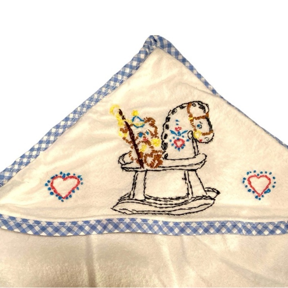 White Hooded Baby Towel w/ Blue Trim and Rocking Horse Embroidery Vintage